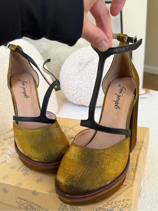 Free People Shoes - Free People Metallic Gold Velvet T-Strap Platform Pumps with Black Trim